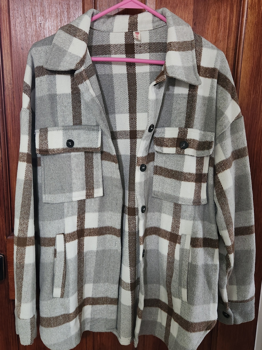 Plaid Button-Up Shacket in Gray, Brown & Cream